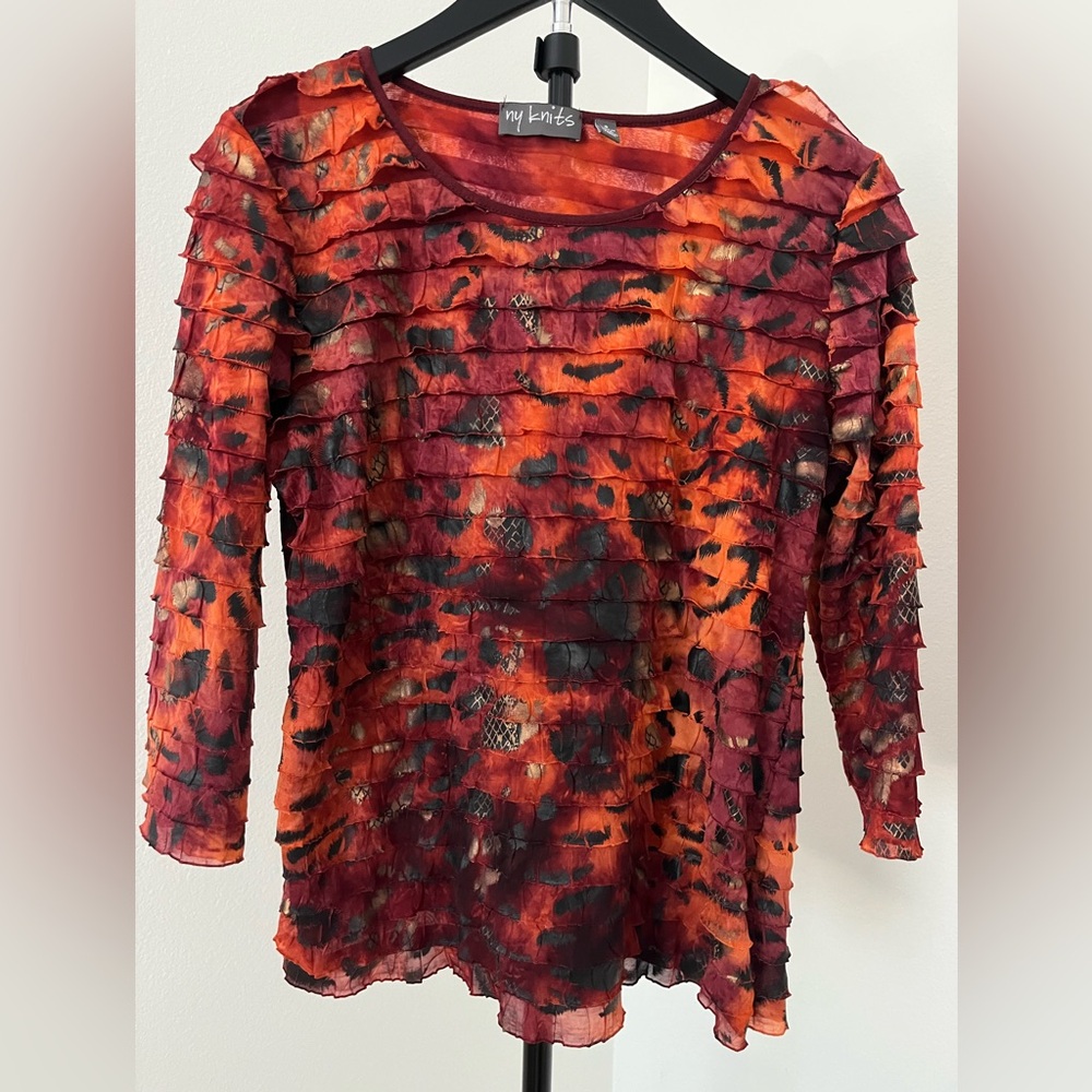 🍁 NY Knits Textured Ruffle Top | Rust Burgundy Fall Artsy | Small